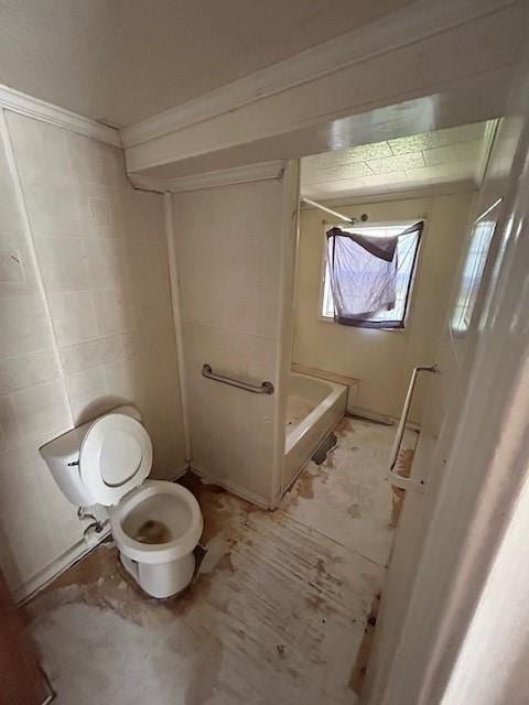 full bathroom featuring a shower stall, toilet, and ornamental molding