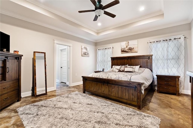 bedroom featuring concrete floors, a tray ceiling, ceiling fan, and crown molding