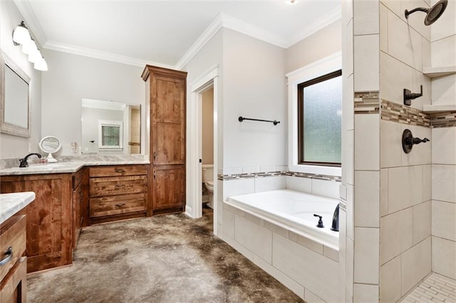 full bathroom with vanity, toilet, ornamental molding, shower with separate bathtub, and concrete floors