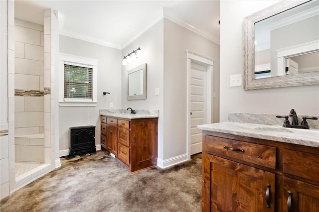 bathroom with tiled shower, vanity, concrete floors, and ornamental molding