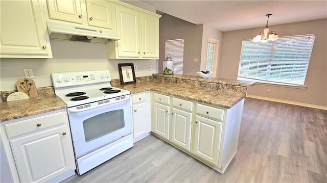 kitchen featuring under cabinet range hood, a peninsula, white electric range oven, and light wood-type flooring