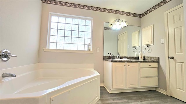 full bathroom with a bath, vanity, and wood finished floors