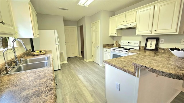 kitchen featuring a sink, light wood-style floors, under cabinet range hood, and white appliances