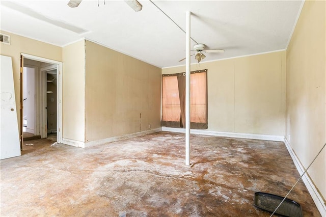 unfurnished bedroom featuring ceiling fan, concrete floors, and ornamental molding