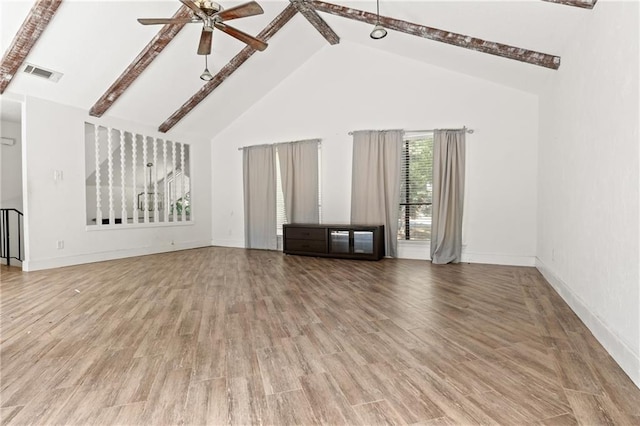 unfurnished living room with high vaulted ceiling, hardwood / wood-style floors, ceiling fan, and beam ceiling