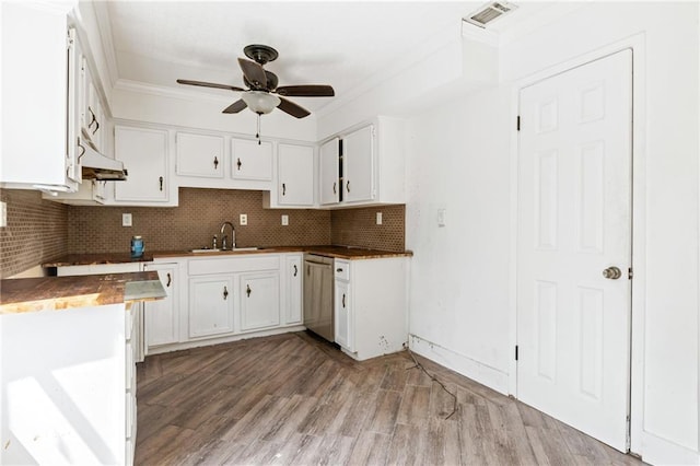 kitchen featuring dishwasher, ceiling fan, sink, and white cabinets