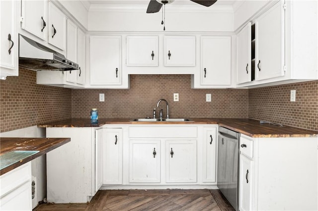 kitchen with dishwasher, sink, dark parquet floors, white cabinetry, and ceiling fan