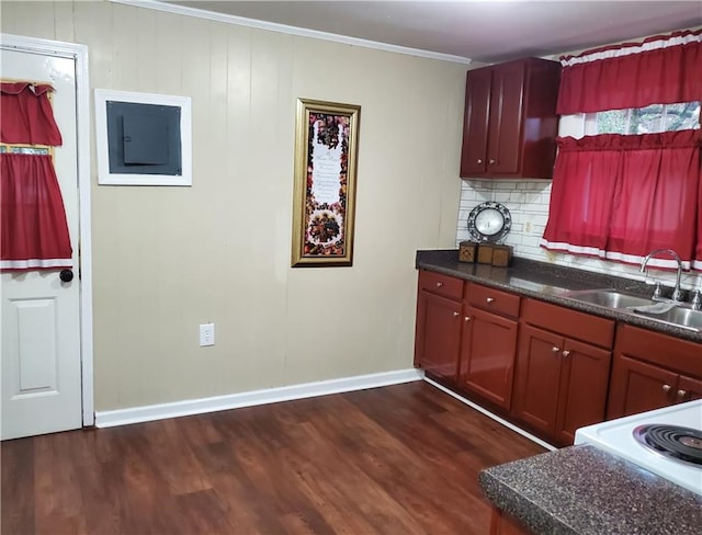 kitchen featuring decorative backsplash, electric panel, dark hardwood / wood-style floors, and ornamental molding