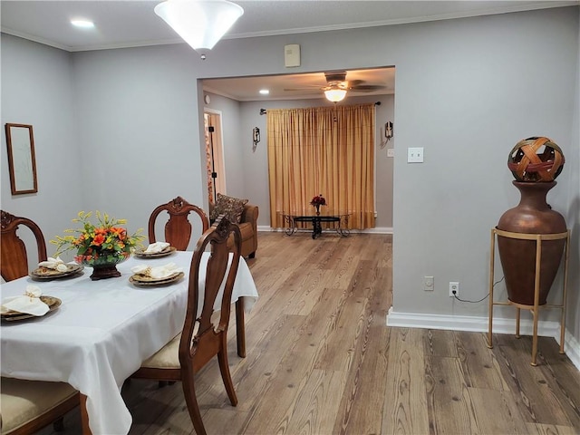 dining room featuring ceiling fan, light wood-type flooring, and crown molding