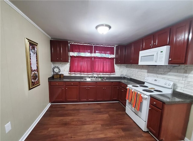 kitchen featuring sink, dark hardwood / wood-style flooring, backsplash, crown molding, and white appliances