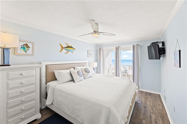 bedroom featuring ceiling fan, crown molding, access to exterior, and dark hardwood / wood-style floors