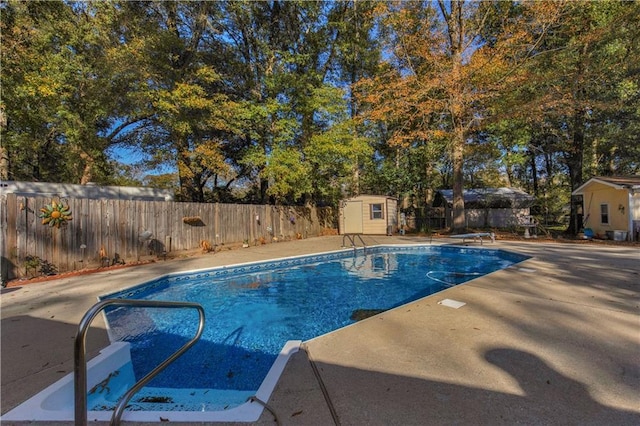 view of swimming pool with a patio area, a diving board, and a storage unit