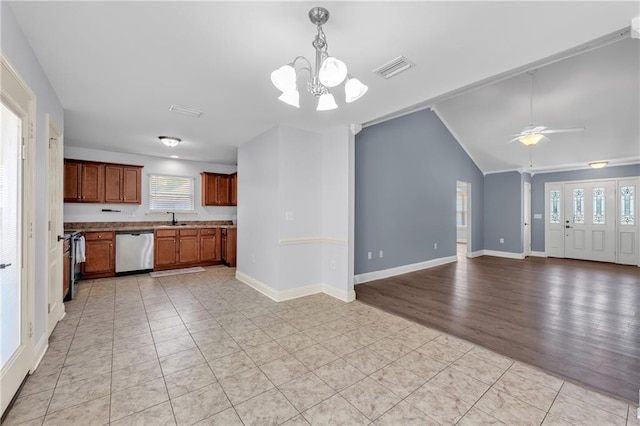 2107 Wolf Branch Dr N, Mobile, AL 36608 - kitchen featuring stainless steel dishwasher, a sink, a chandelier, stove, and ceiling fan