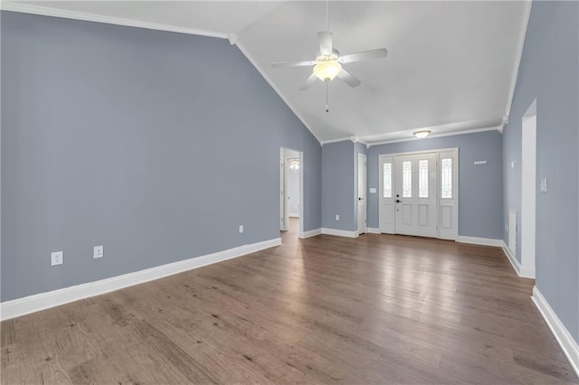 2107 Wolf Branch Dr N, Mobile, AL 36608 - entrance foyer featuring lofted ceiling, ceiling fan, baseboards, wood finished floors, and crown molding
