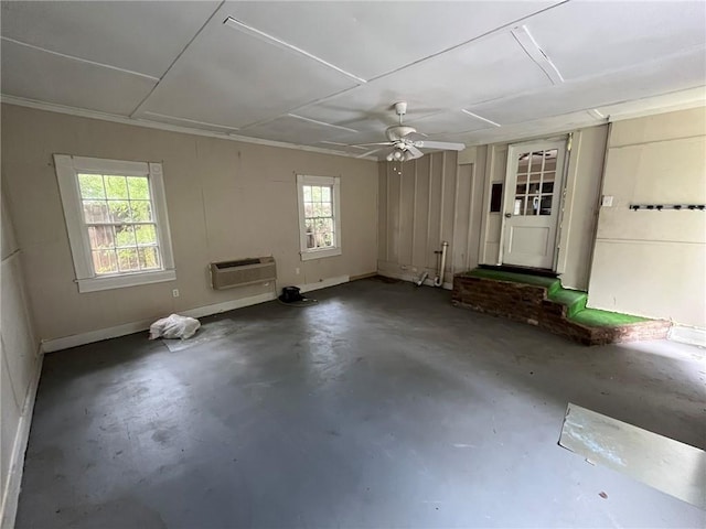 interior space featuring ceiling fan and a wall unit AC