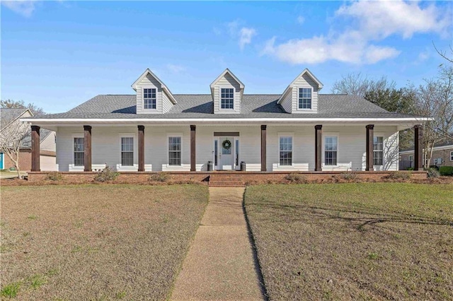 cape cod home with covered porch and a front yard