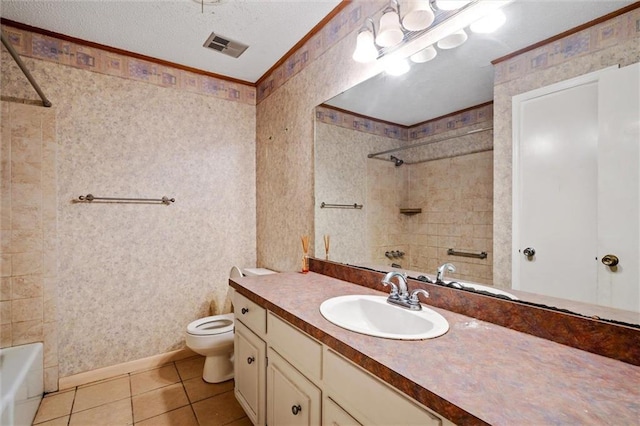 full bathroom featuring toilet, tile patterned floors, vanity, a textured ceiling, and  shower combination