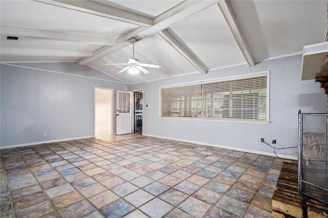 unfurnished living room featuring a textured ceiling, ceiling fan, and vaulted ceiling with beams