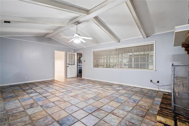 unfurnished room featuring baseboards, visible vents, lofted ceiling with beams, ceiling fan, and a textured ceiling