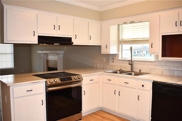 kitchen with stainless steel range with electric cooktop, crown molding, black dishwasher, white cabinetry, and kitchen peninsula