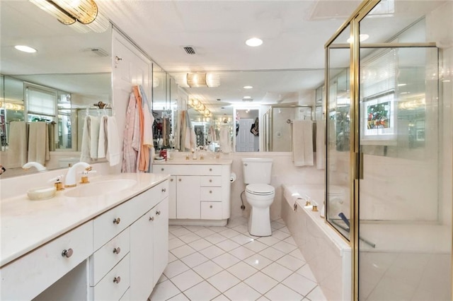 full bath with a sink, tile patterned flooring, two vanities, visible vents, and recessed lighting
