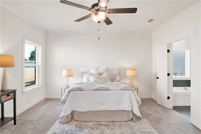 bedroom with ornamental molding, carpet flooring, and ceiling fan