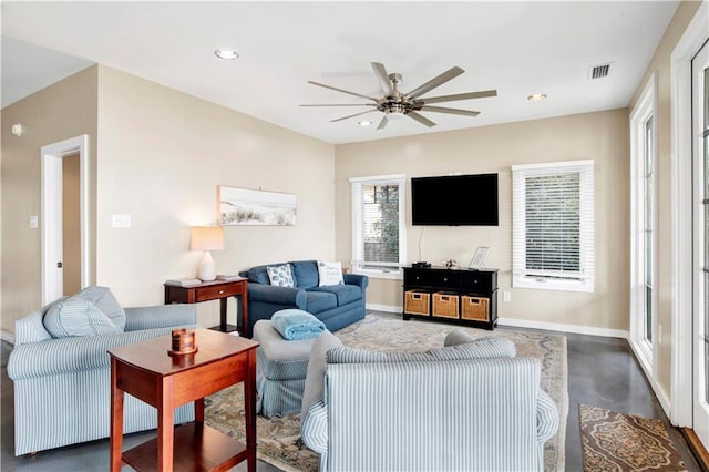 living room with ceiling fan