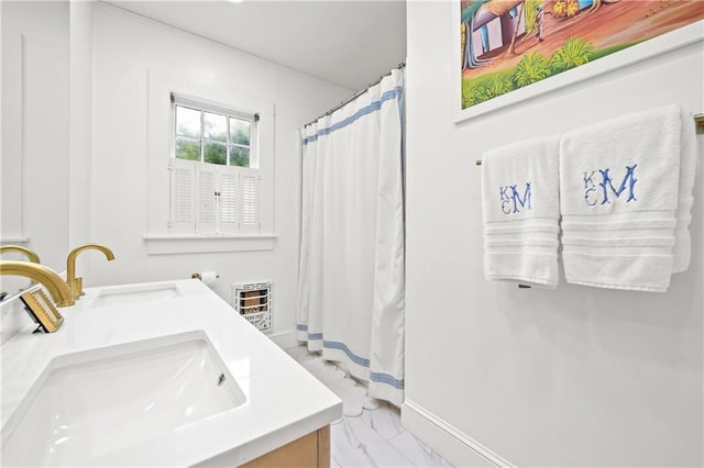 159 Roberts St, Mobile, AL 36604 - bathroom with marble finish flooring, double vanity, heating unit, and curtained shower