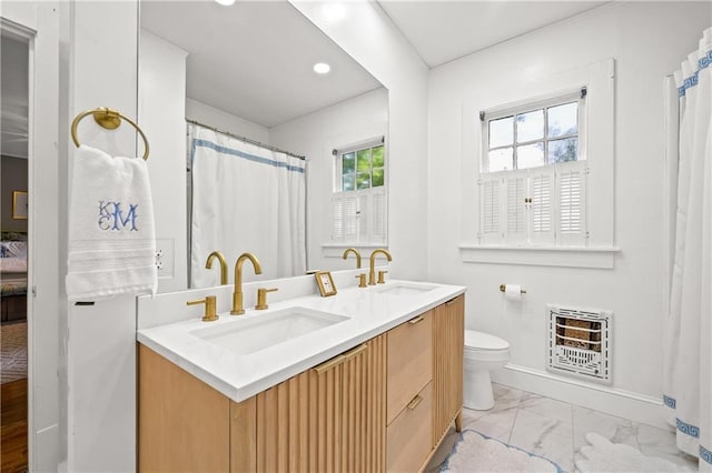 159 Roberts St, Mobile, AL 36604 - bathroom featuring heating unit, marble finish flooring, double vanity, recessed lighting, and ensuite bathroom