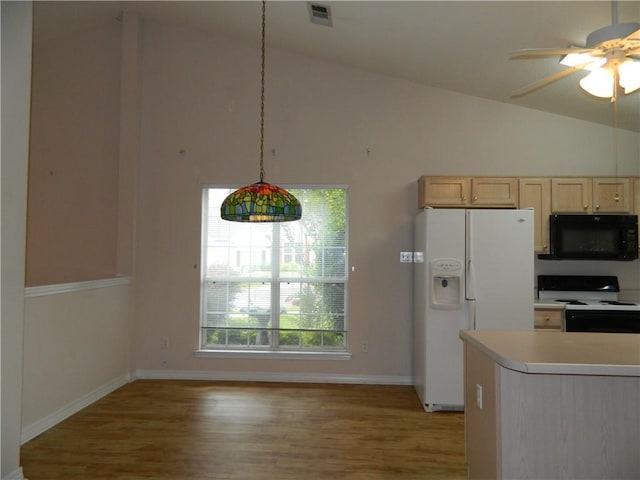 kitchen with ceiling fan, light hardwood / wood-style flooring, white appliances, and high vaulted ceiling