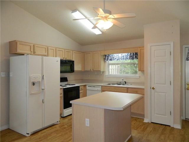 kitchen featuring light brown cabinetry, ceiling fan, white appliances, a center island, and lofted ceiling