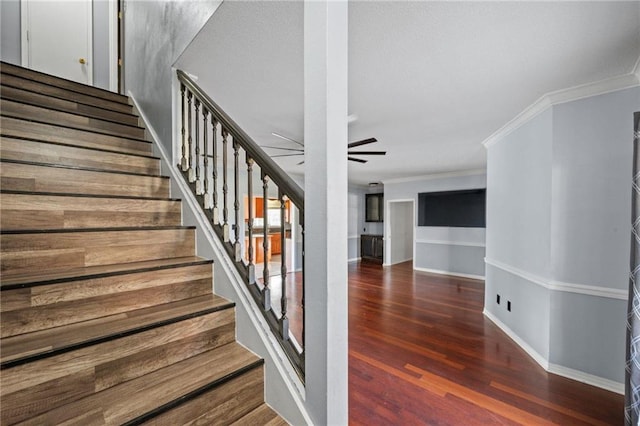 stairway with ceiling fan, wood-type flooring, and crown molding