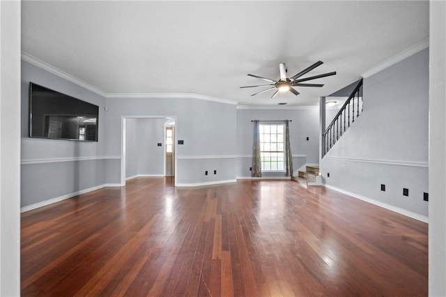 unfurnished living room featuring ceiling fan, dark hardwood / wood-style floors, and ornamental molding