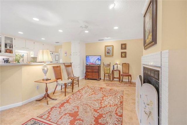 5721 Long Meadow Rd, Mobile, AL 36609 - living area with recessed lighting, a ceiling fan, a fireplace, and baseboards