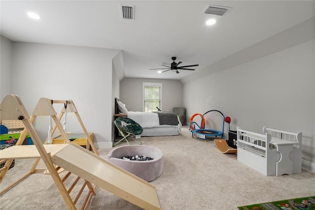 playroom with carpet flooring, visible vents, a ceiling fan, and recessed lighting