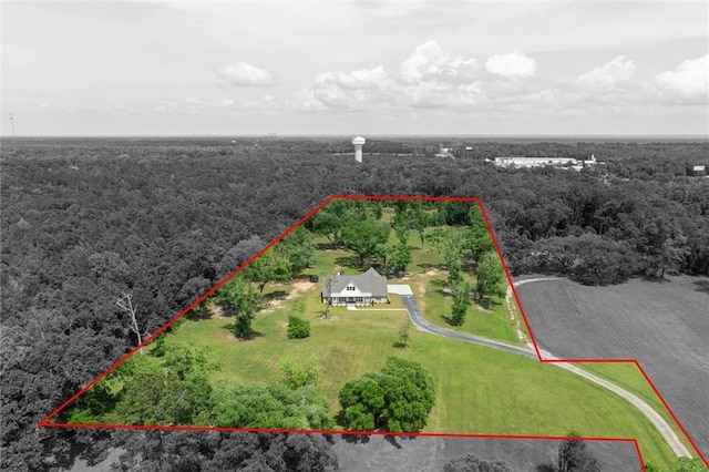 aerial view with a rural view and a wooded view