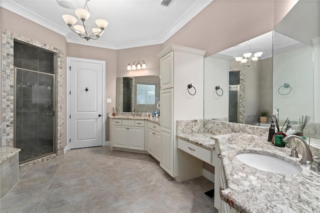 bathroom featuring vanity, crown molding, walk in shower, and a notable chandelier