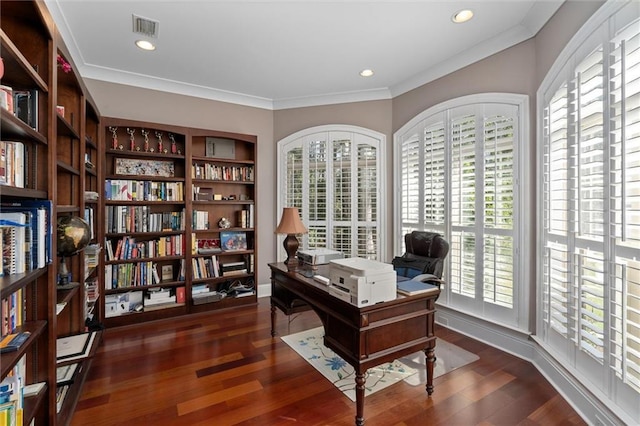 office with dark hardwood / wood-style flooring and ornamental molding