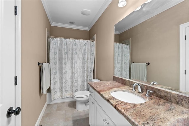 full bathroom featuring vanity, tile patterned flooring, toilet, shower / bathtub combination with curtain, and ornamental molding