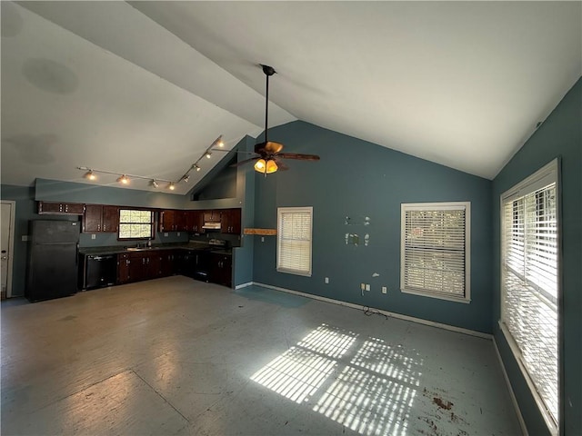 unfurnished living room with sink, high vaulted ceiling, plenty of natural light, and ceiling fan