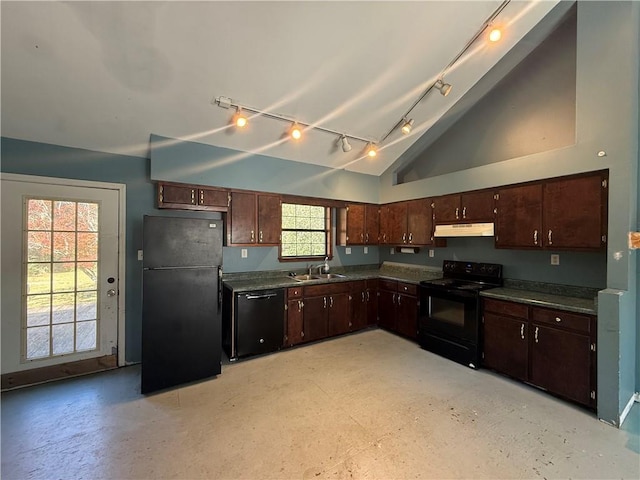 kitchen featuring black appliances, dark brown cabinetry, sink, and vaulted ceiling