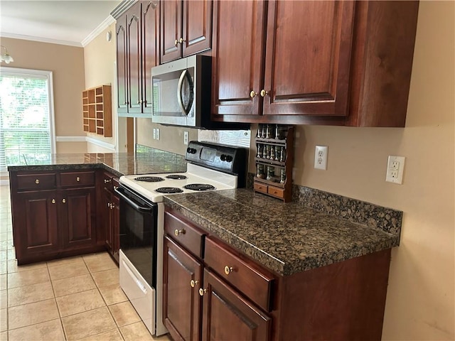 5901 Eastridge Pl, Mobile, AL 36608 - kitchen featuring electric range, stainless steel microwave, dark countertops, a peninsula, and crown molding