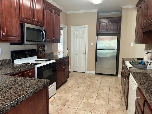 5901 Eastridge Pl, Mobile, AL 36608 - kitchen featuring appliances with stainless steel finishes, a sink, light tile patterned flooring, ornamental molding, and baseboards