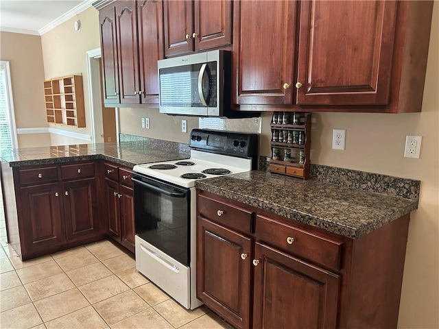 5901 Eastridge Pl, Mobile, AL 36608 - kitchen with stainless steel microwave, white electric range, a peninsula, crown molding, and light tile patterned floors