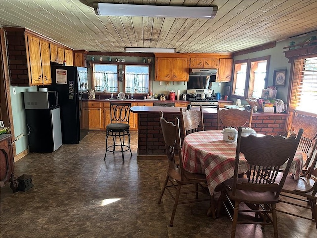 kitchen featuring brown cabinets, under cabinet range hood, wood ceiling, and stainless steel appliances