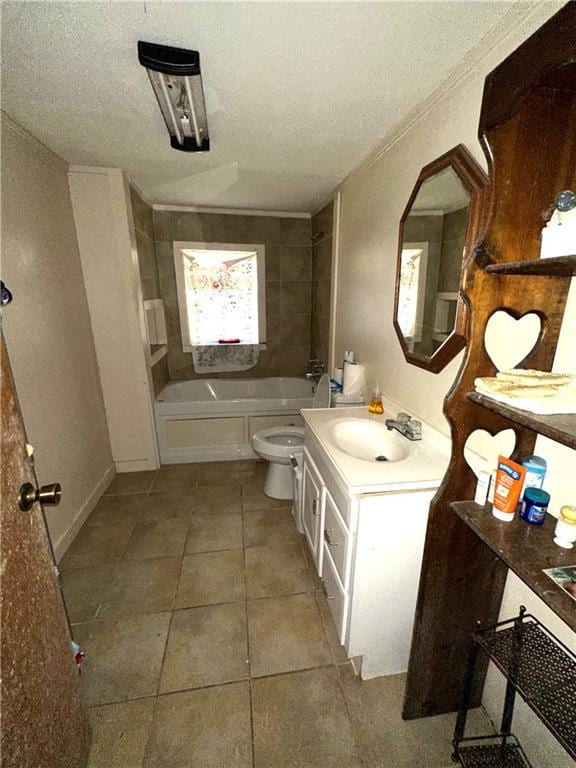 full bath with a textured ceiling, tile patterned flooring, toilet, shower / bath combination, and vanity