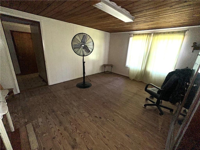 interior space featuring wooden ceiling and wood finished floors