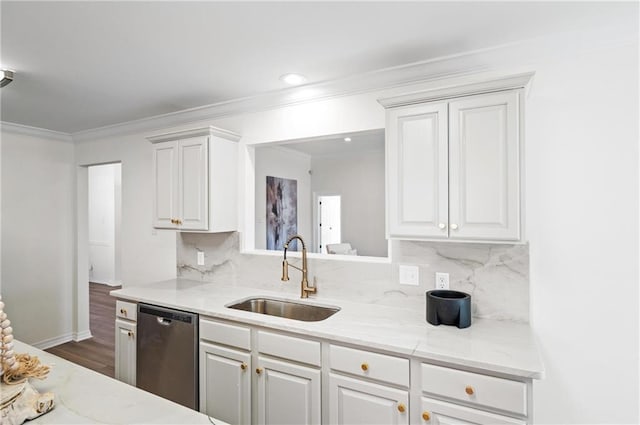 kitchen featuring sink, light stone countertops, white cabinets, and dishwasher