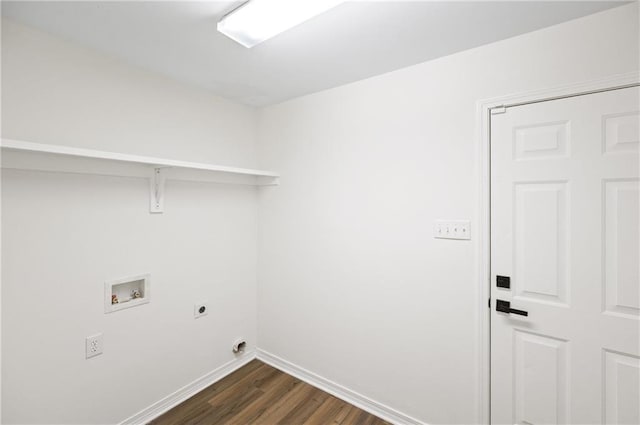 clothes washing area featuring electric dryer hookup, hookup for a washing machine, and dark wood-type flooring