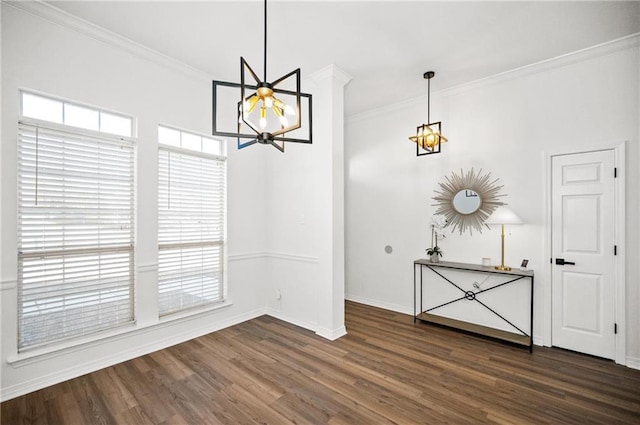 unfurnished dining area featuring crown molding and dark hardwood / wood-style floors